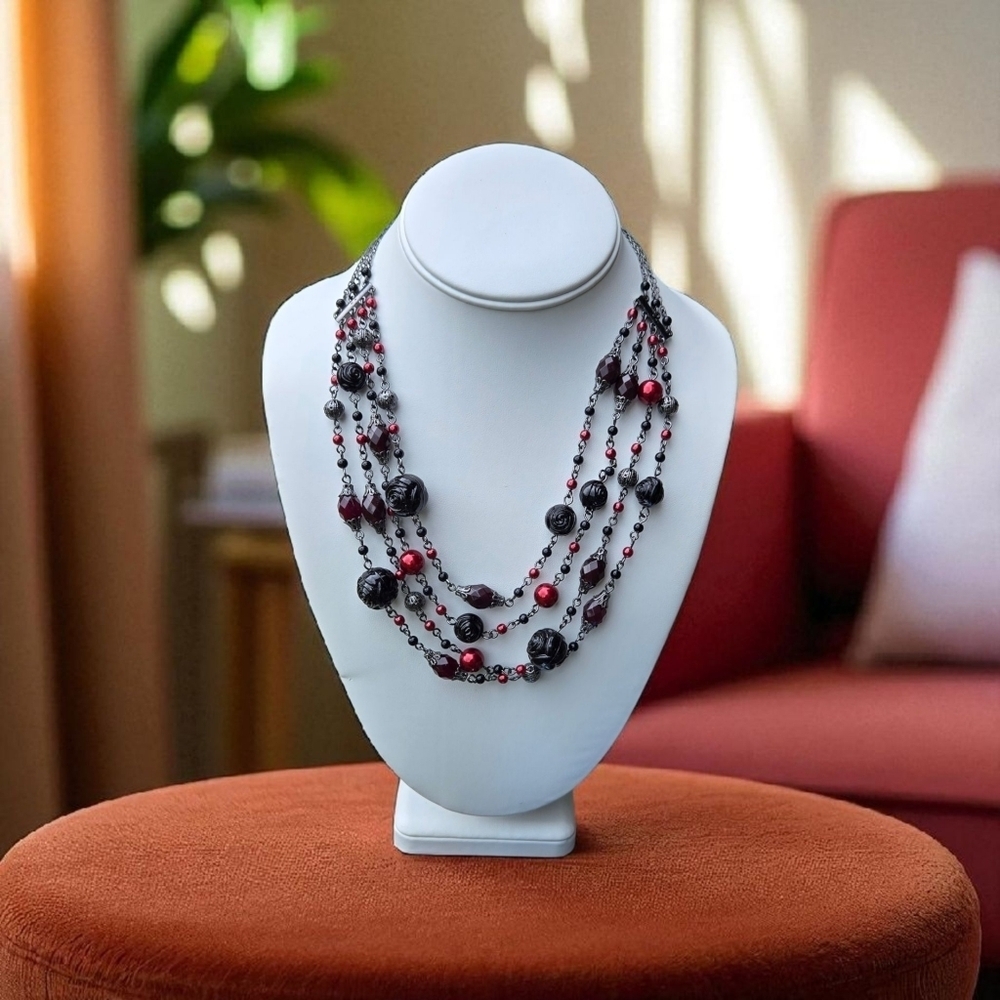 Avon 2006 Black Red Beaded Multi-Strand Rose Necklace